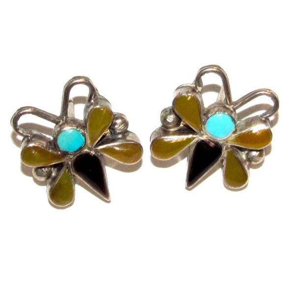 Vintage Zuni Inlay Butterfly Post Earrings Sterling Silver Native American