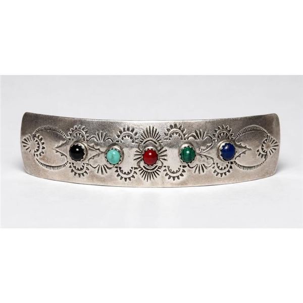 San Ildelfonso Sterling Hair Barrette Gemstones Native American G. Trujillo