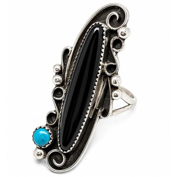 Navajo Ring Onyx Turquoise Sterling Silver Sz 8 Native American S. Yazzie Women