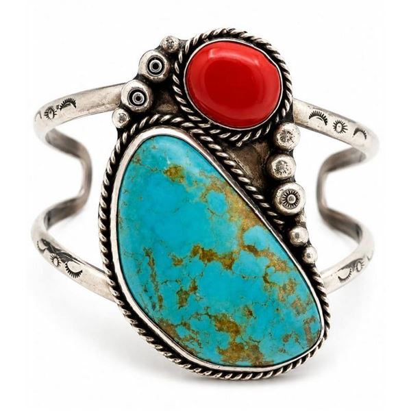 Old Pawn Navajo Turquoise Coral Sterling Silver Statement Cuff Bracelet