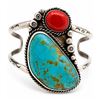 Image 1 : Old Pawn Navajo Turquoise Coral Sterling Silver Statement Cuff Bracelet