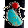 Image 3 : Old Pawn Navajo Turquoise Coral Sterling Silver Statement Cuff Bracelet