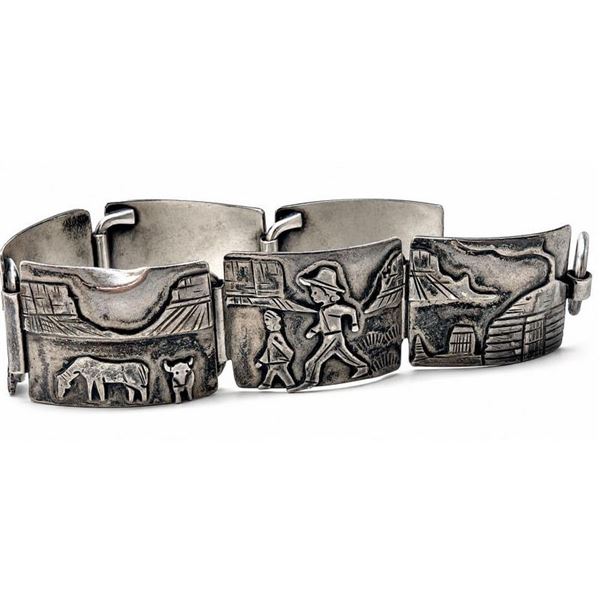 Vintage Navajo Sterling Silver Storyteller Panel Bracelet J. Livingston Signed