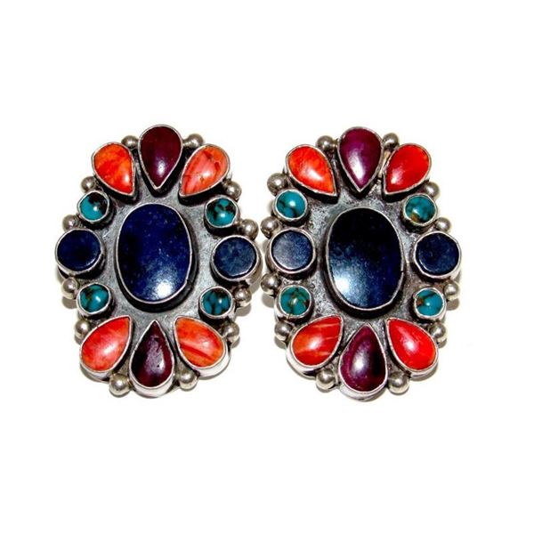 Vintage Navajo Turquoise Spiny Cluster Earrings Sterling Silver J. Patterson