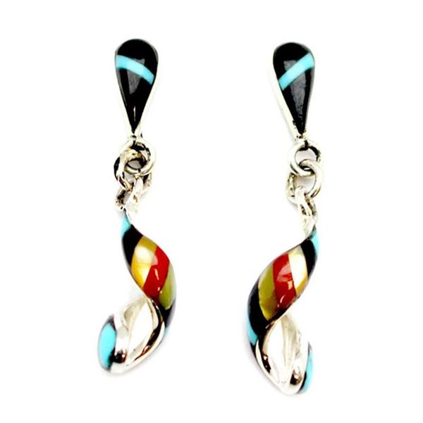 Zuni Inlay Spiral Hoop Earrings Turquoise Coral MOP Sterling Silver Edaakie