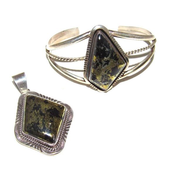 Vintage Navajo Pendant Bracelet Apache Gold Sterling Silver Set W. Denetdale
