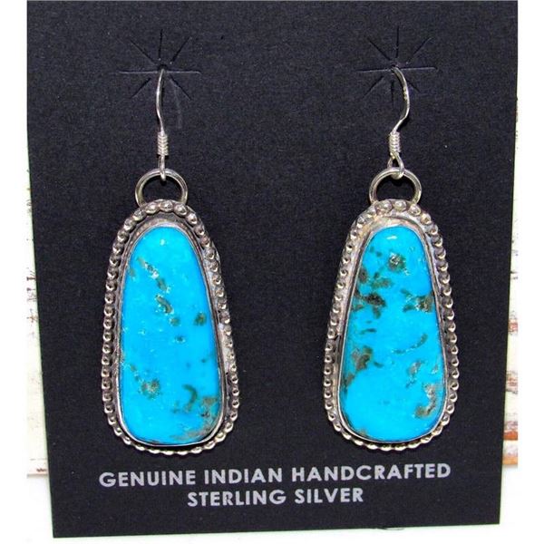 Navajo Kingman Turquoise Dangle Earrings Sterling Silver L Hurley