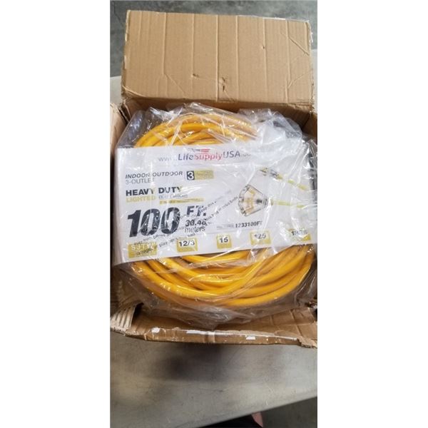 AS NEW 100FT HEAVY DUTY 3 OUTLET YELLOW EXTENSION CORD. 12AWG/3C