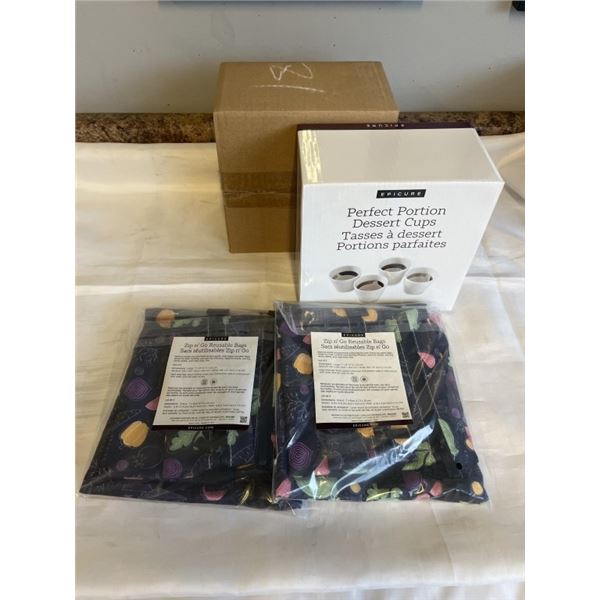 2 NEW EPICURE ZIP N GO REUSABLE BAG SETS AND 2 SETS OF PERFECT PORTION DESERT CUPS