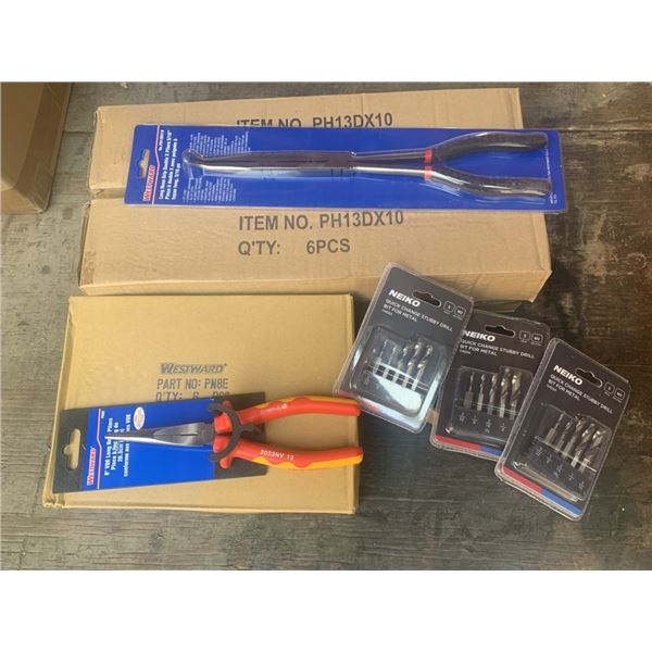 BOX OF 12 NEW HOSE X PLIERS, 6 NEW NEEDLE NOSE PLIERS 8" AND 3 SETS OF NEW STUBBY DRILL BITS