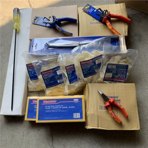 NEW WESTWARD HAND TOOLS 6 DOUBLE X HOSE GRIP PLIERS, 6 ORANGE ADJUSTABLE WIRE STRIPPERS, 6 BLUE ADJU