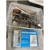 Image 1 : DELTA MORTISING ATTACHMENT AND TOTE WITH ASSORTED PAINTING AND DRYWALL TOOLS