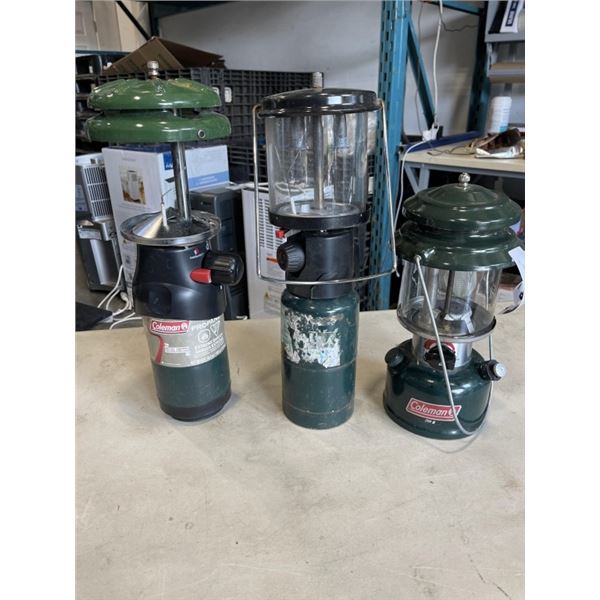 3 COLEMAN LANTERS, ONE NEEDS NEW GLASS