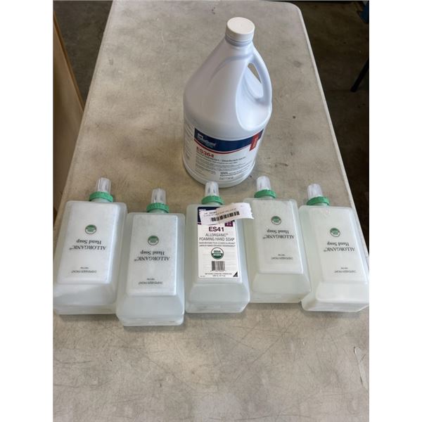 5 JUGS OF HAND SOAP AND JUG OF DISINFECTANT