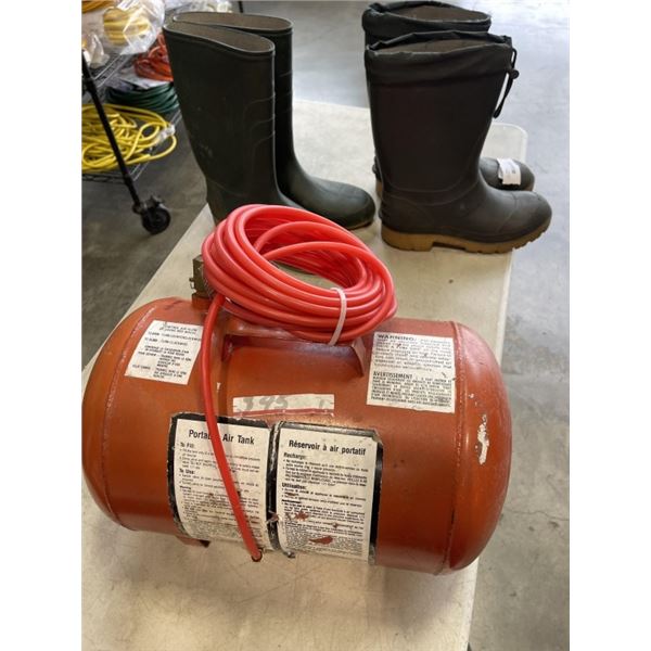 PORTABLE AIR TANK AND 2 PAIRS OF RUBBER BOOTS SIZE 8 AND 12