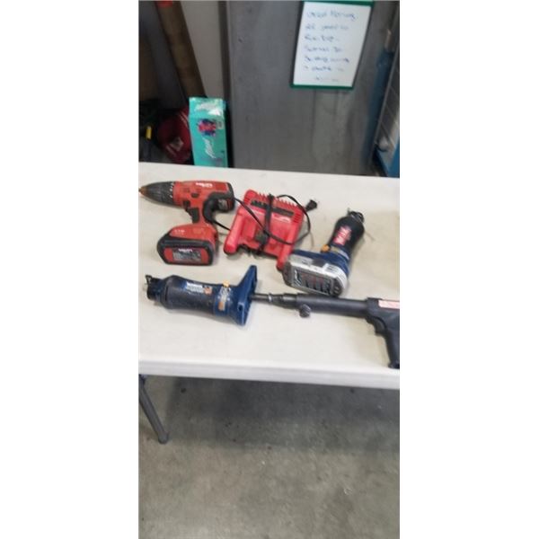 TOTE OF ASSORTED POWER TOOLS AND BATTERIES, CHARGERS