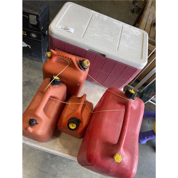 COLEMAN COOLER AND 4 JERRY CANS