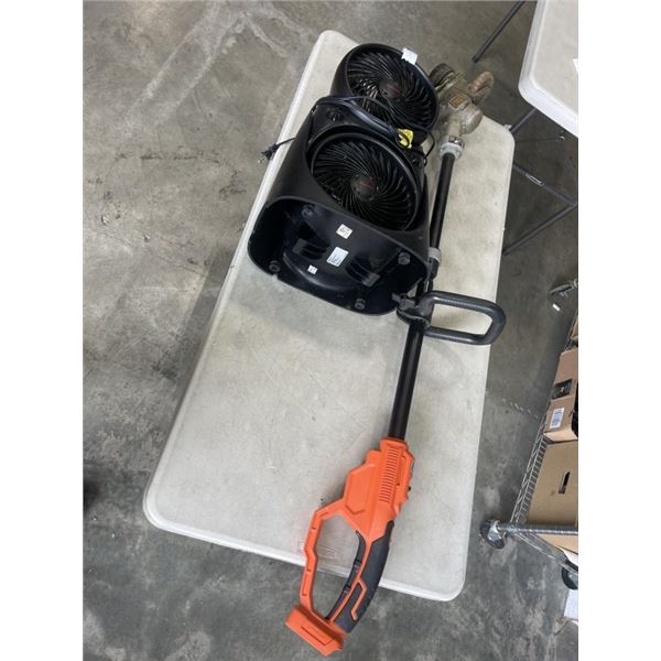 BLACK AND DECKER TRIMMER, HONEYWELL FAN, AND DOLLY
