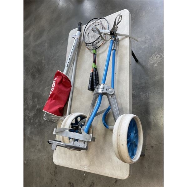BADMINTON RACKETS, GOLF PUSH CART, BALL HOLDER AND RAKE