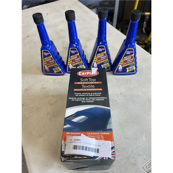 4 NEW BOTTLES OF ENGINE FLUSH AND SOFT TOP RENOVATION KIT