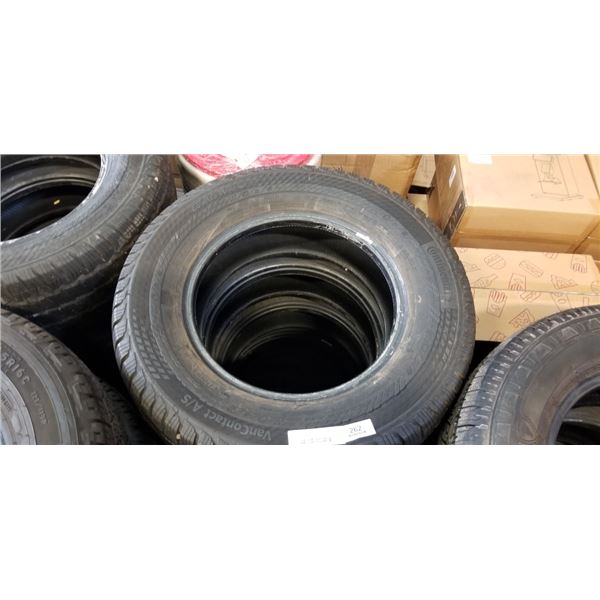SET OF 4 CONTINENTAL VAN CONTACT A/S M+S 235/65/R16 TIRES, GOOD USEABLE TIRES, SEE PICTURES FOR TREA