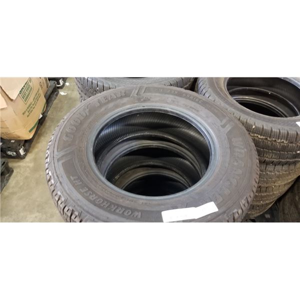 SET OF 4 GOODYEAR WRANGLER WORKHORSE ALL SEASON M+S 235/65R16 TIRES, IN GOOD USEABLE CONDITION, SEE 