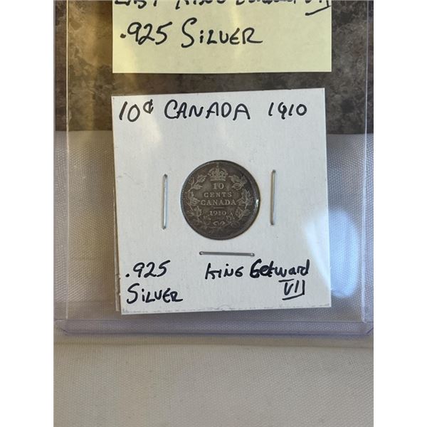 1910 CANADIAN SILVER 10 CENT, LAST KING EDWARD VII .925 SILVER