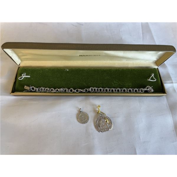 925 STERLING SILVER CHARM BRACELET W/ 2 CHARMS