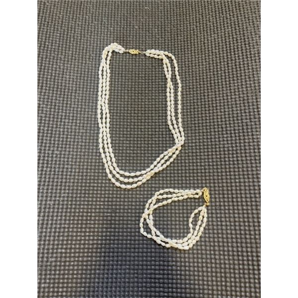 TRIPLE STRAND GENUINE CULTURED FRESHWATER PEARL NECKLACE AND MATCHING BRACELET SET