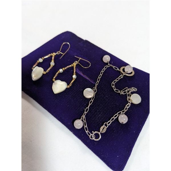 925 STERLING SILVER W/ MOTHER OF PEARL AND ROSE QUARTZ BEADS BRACELET AND PAIR OF EARRINGS