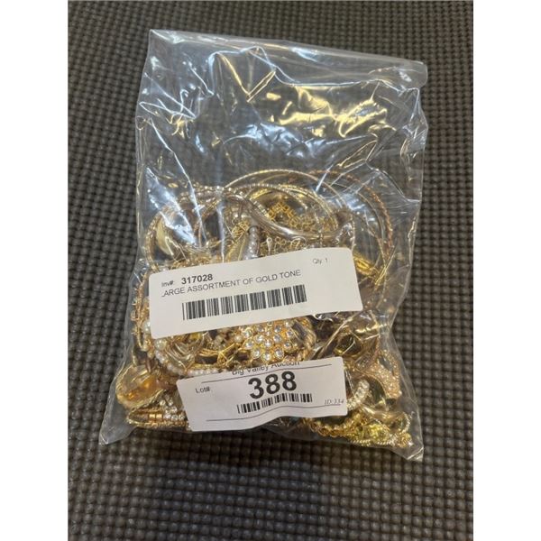 LARGE ASSORTMENT OF GOLD TONE EARRINGS, NO PAIRS