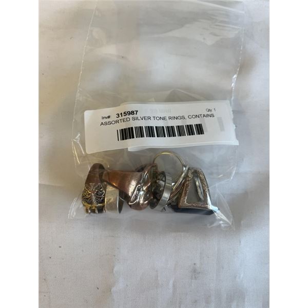 ASSORTED SILVER TONE RINGS, CONTAINS REAL SILVER