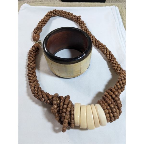 VINTAGE WOOD BEADS AND BONE PHILIPPINES NECKLACE AND BANGLE