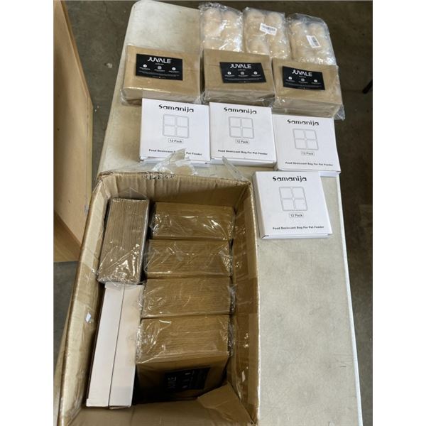 BOX OF NEW KRAFT MAILERS, HAIR SCRUNCHIES, AND FOOD DESICCANT BAGS FOR PET FEEDER