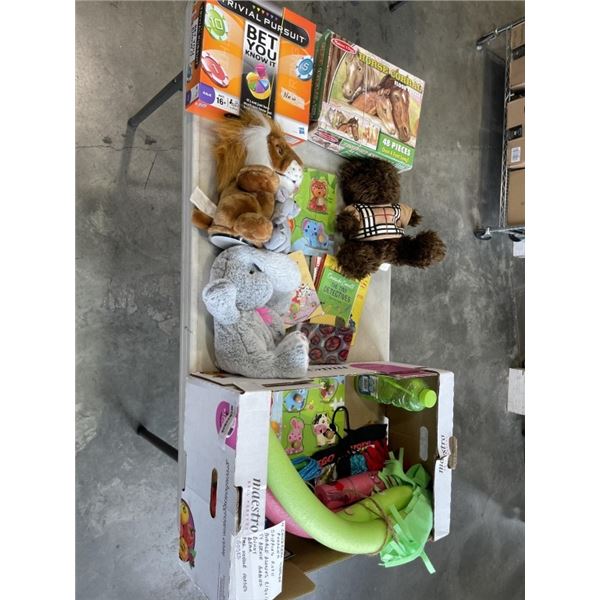 LOT OF KIDS TOYS AND STUFFED ANIMALS, PUZZLES, ETC