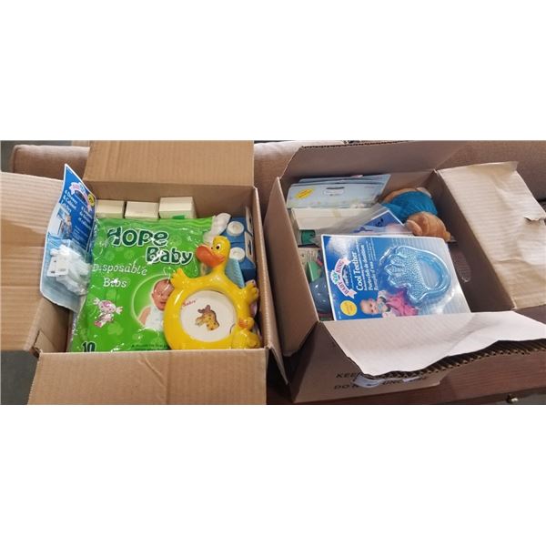 2 BOXES OF NEW BABY RELATED ITEMS
