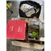Image 1 : TRAY OF HOUSEHOLD ITEMS, HUMIDIFIER, AND BAG OF NEW CANADA JESTER MASKS