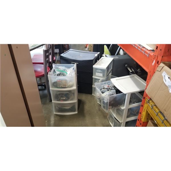 5 PLASTIC ORGANIZERS. 4 HAVE COMPUTER CORDS/ADAPTERS WEBCAMS ETC