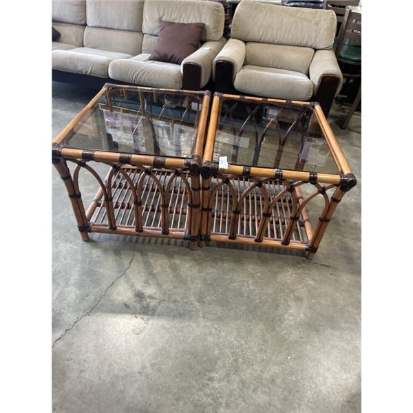 2 RATTAN END TABLES WITH GLASS TOPS