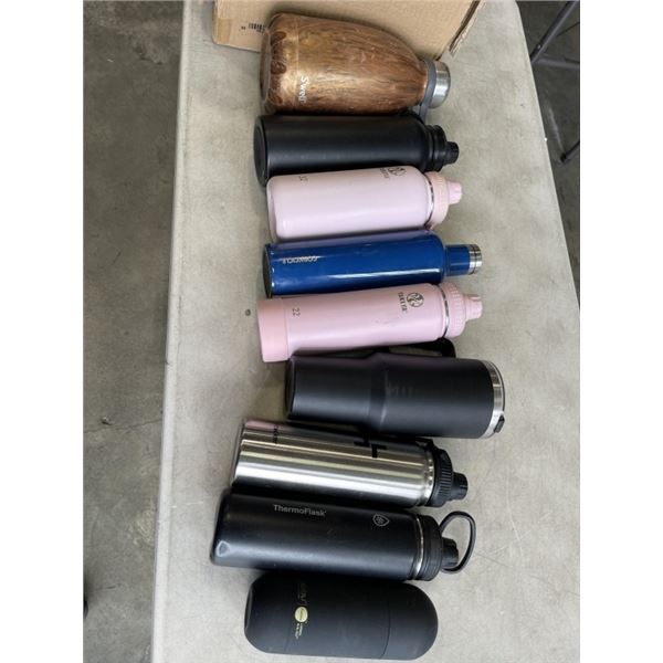 BOX OF METAL LIQUID BOTTLES CORKCICLE, TAKEYA, ASOBU AND MORE