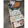 Image 1 : BOX OF HOUSEHOLD ITEMS INCLUDING WORKING VINTAGE BLENDER, WALL SHELF, WALL CLOCK, ETC
