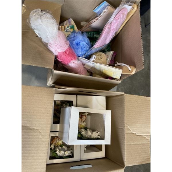 2 BOXES OF NEW BATH RELATED ITEMS AND TEA LIGHT CANDLE HOLDERS