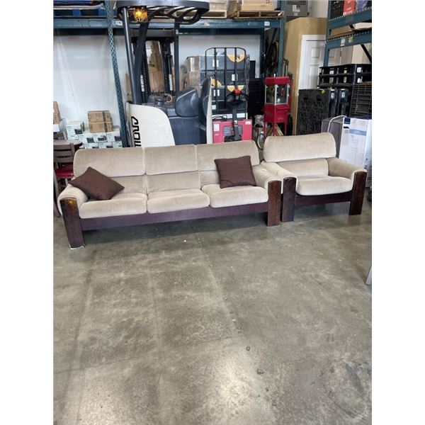 TAN COLORED FABRIC COUCH AND ARMCHAIR