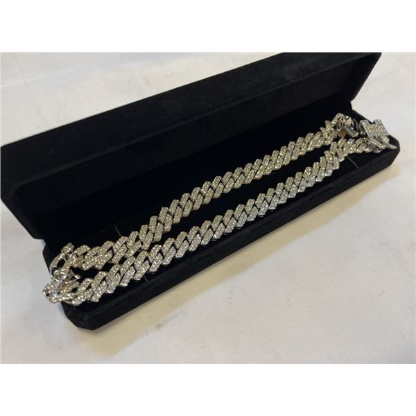 NEW PLATINUM PLATED 14.0MM SIMULATED DIAMOND (CZ) ICED OUT CUBAN LINK NECKLACE, 19.5" LONG