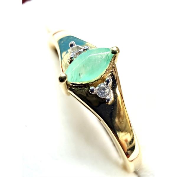GOLD PLATED STERLING SILVER NATURAL EMERALD RING, SIZE 9, W/A $550.00. EMERALD IS THE BIRTHSTONE FOR