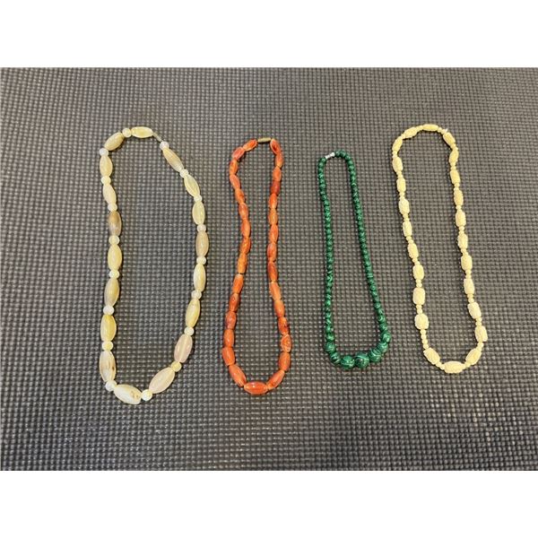 IVORY BEADS NECKLACE AND 3 SEMI PREVIOUS STONE BEADS NECKLACES