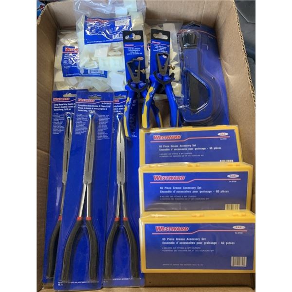 3 SETS OF NEW 60PC GREASE FITTINGS SETS, THE THREE DOUBLE X HOSE PLIERS, TWO WIRE STRIPPERS, QUICK A