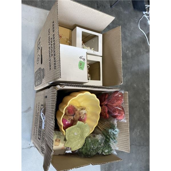2 BOXES OF ASSORTED ORNAMENTS AND DECOR, CANDLE HOLDERS ETC