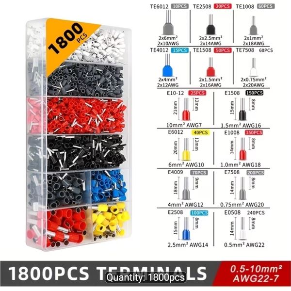 NEW 1800PC WIRE FERRULE TERMINALS KIT 22AWG-7AWG