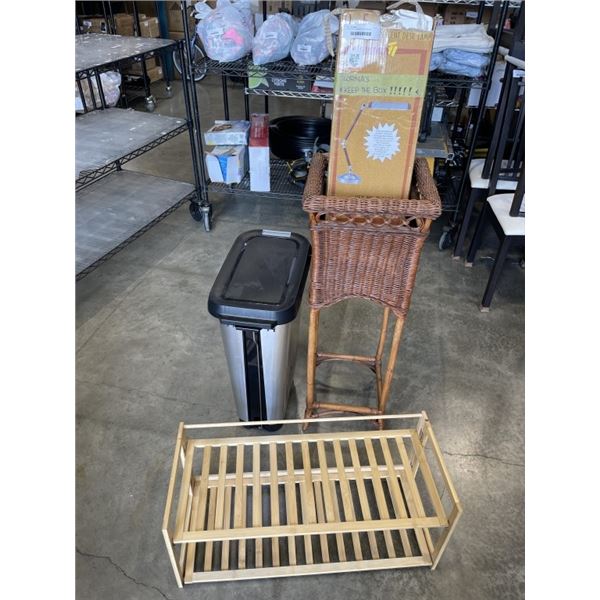 SHOE SHELF, GARBAGE CAN, SICKER PLANTER, AND LIGHT